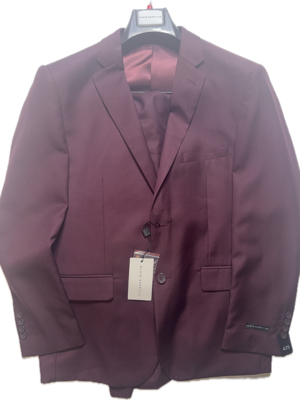 Mens Alain Dupetit Burgundy 2-Piece Suit 42S 36W Jacket/Pants